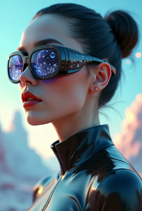 The model is wearing glass sunglasses with stars and the moon on the glass