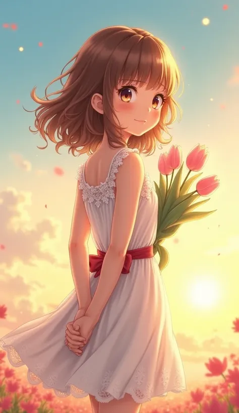 A beautifully detailed anime-style illustration of a young girl with wavy, chestnut-brown hair, standing with her back turned. She wears a delicate white lace dress that flares slightly, with a red ribbon adorning her waist. She gently holds a bouquet of s...