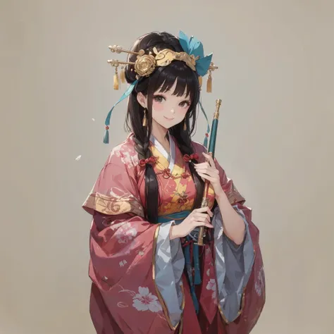 masterpiece, best quality, ultra-detailed, high resolution, cute girl, ancient Chinese costume, huge breasts, hair accessory, smile, holding flute