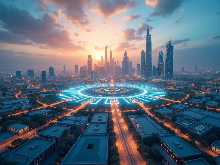 Create a bright, futuristic cover photo for Huawei's 25 years in Egypt, featuring a drone shot of Egypt, possibly highlighting the new administrative capital. Include digital transformation elements like Cloud, AI, 5G, and data flow. The design should emph...