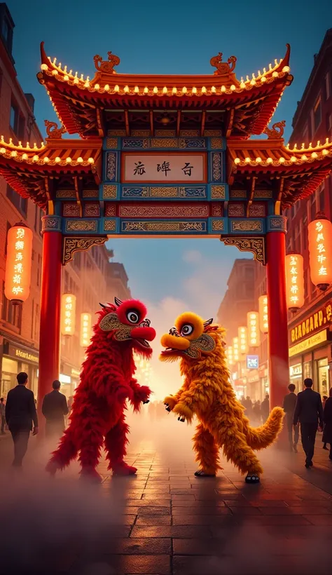 A dynamic nighttime scene in Chinatown featuring a traditional Chinese lion dance and dragon dance performance. Two teams are competing - one with a vibrant red lion and another with a majestic golden dragon. The scene takes place beneath a large ornate Ch...