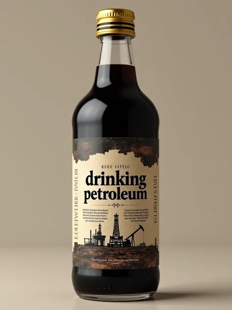 Packaging design, come up with and depict a bottle with drinking petroleum, a transparent glass bottle with a dark black liquid similar to petroleum, a label on the bottle with the text "drinking petroleum" and the text "energy of the subsoil", the text is...