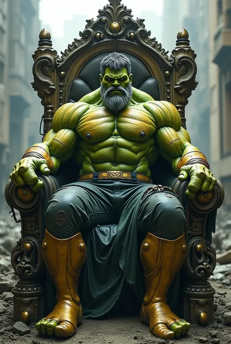 Maestro Hulk: a futuristic version of the Hulk with a gray beard and golden armor, sitting on a throne made of twisted metal and rubble. Behind him is a ruined city, and his gaze is commanding and menacing.