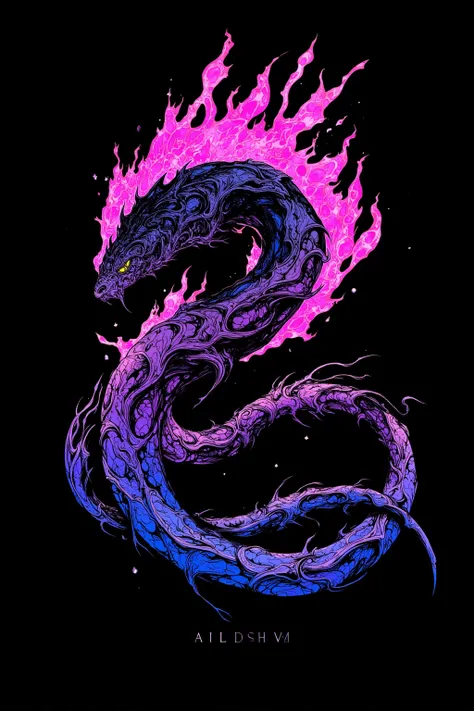 snake,纏わりつくsnake, Neon Pink Fire Effects ,緑色のsnake, Dreamy Concept Art , Depicted on a black background , RPG Concept Art , Highly Detailed Phantom , Dark Fantasy Concept Art, rpg concept art , Elden Ring Video Game Monster Art, Highly Detailed Line Drawin...