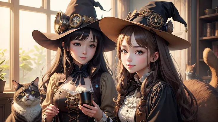  steampunk AI。 best quality。masterpiece。 Detailed Details 。 one girl。 cute  playing with cats。steampunk witch。 Light Brown Hairy Long Twin-Like Hair 。smile。witch hat。witch&#39;  clothes 。 Holding a Cute Cat 。Walking the Streets。 There is a main street line...