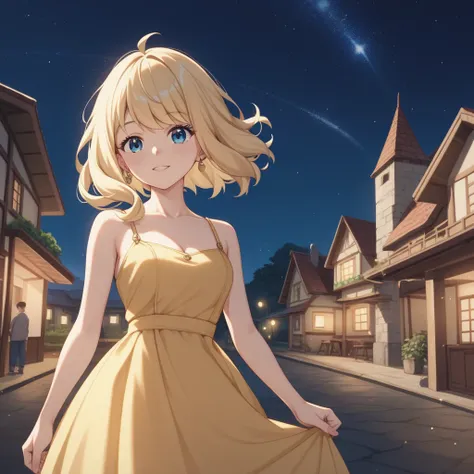  anime-style 、 cute、night sky, night, Stone Town、score_9, score_8_up , score_7_up , score_6_up , score_5_up , score_4_up ,  1girl , blonde hair, medium hair, flipped hair, Wispy bangs ,  blue eyes, hair over shoulder, Vintage dress、house wife, yellow dress