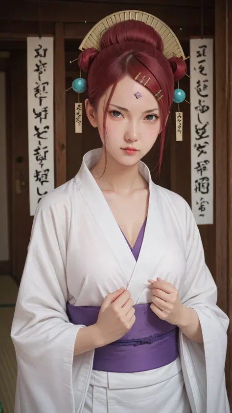 1girl, solo, mito uzumaki, red hair, two bund, hairpin, forehead mark, white kimono, cyan undershirt, purple obi, indoors