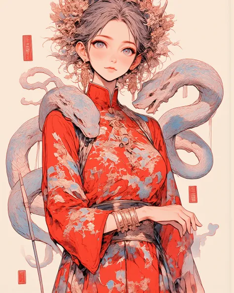  masterpiece、 best image quality、 best quality、 delicate depiction、 detailed description、 beautiful、 watercolor、art、 showing the profile of a Chinese style girl in a red dress from the front 、Extend your right arm straight、Lion Dance of the Serpent、((  bea...