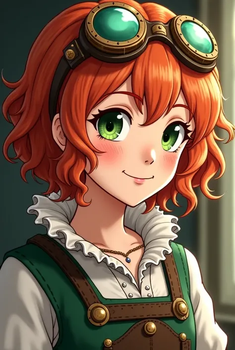 A girl in anime, with reddish or orange hair,  curly and short to the back of the neck,  white skin,  green eyes,  freckles all over your body.  Wear old medieval clothing combined with Steampunk, wear Steampunk style lenses over your head and a cheerful e...