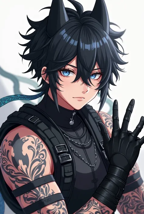 It’s an anime boy. He has fussy black hair, with some white strands in it. The hair covers his eyes. He has a confident expression . He was a lot of tattoos covering his arms and hands. He is wearing black tech gear. He also was two black horns on his head...