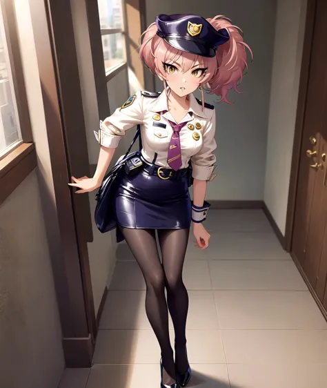 (masterpiece, best quality, detailed), 1girl, solo, looking at viewer, aamika, ponytail, hair bow, policewoman, police uniform, collared shirt, white shirt, police hat, peaked cap, armband, indoors, office, contrapposto, legs apart, hip focus, necktie, pen...