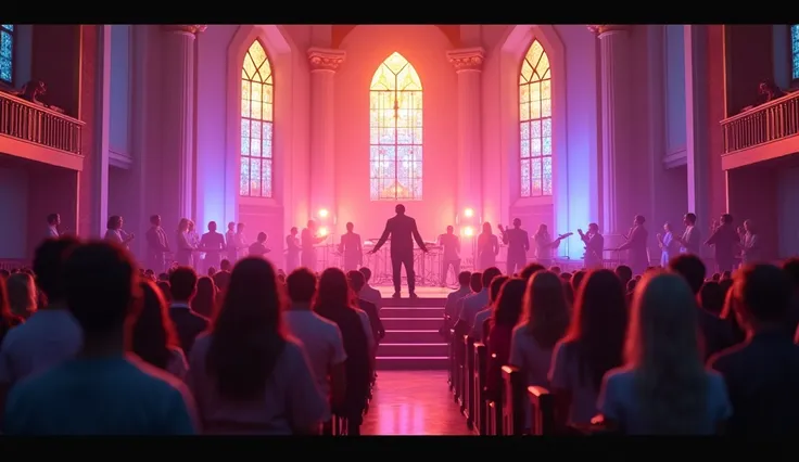 [A vibrant interior of an evangelical Baptist church with a worship band playing while a diverse congregation (young, old, men, and women) sing.] [—16:9, Masterpiece, Ultra Quality, 8K UHD, Best Quality, Highly Detailed, Cinematic Lighting, Hyper-Realistic...