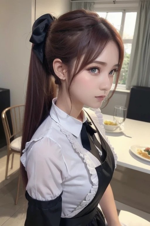 masterpiece,( top quality ,  illustration, detailed face :1.3),( 1 girl,Alone:1.3), beautiful detailed eyes,   apron,  gradation_background,  gradation, Maid,  purple eyes,red hair, small breasts,, break, enMaided, white_ apron, black_ dress,  ponytail, bl...