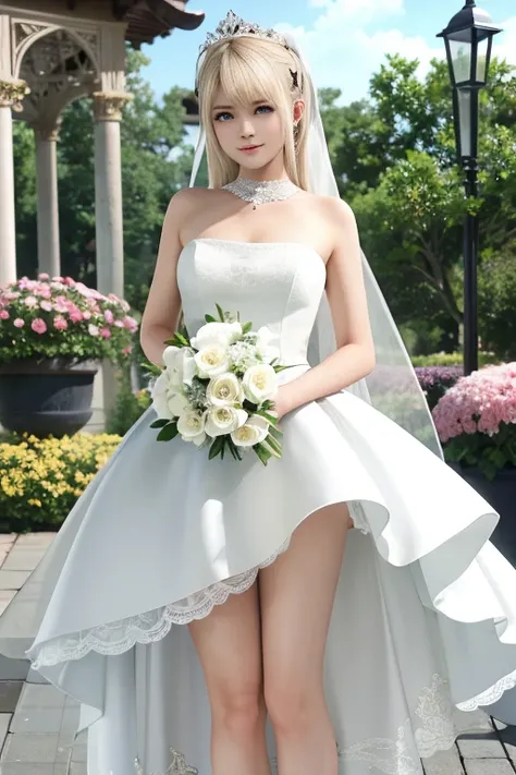 Marie rose, master-piece, best quality, 1girls,25 years old, proportional body, proportional., Wedding Dresses, White Wedding Dress, Long skirt, wedding, ,bara, Standing in the middle of a flower garden, outdoor, wedding, The sky is beautiful, Both hands h...