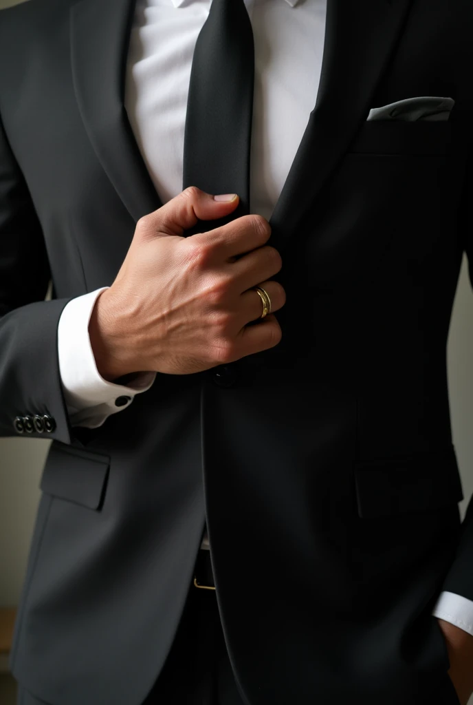  Part of the body of an elegant man ,  showing only from the neck down ,  wearing a classic black suit and a well-fitting tie.  He is adjusting the tie with one hand , in a confident gesture . The background is neutral and blurry ,  highlighting the suit a...