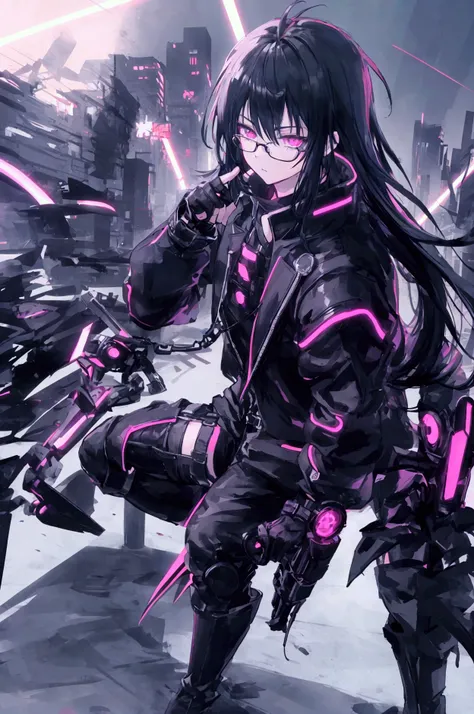 a cute anime boy, black attire, eye glasses, fingerless gloves, thigh-high boots, night time cyberpunk city, intricate details, dramatic lighting, cinematic camera angle, highly detailed, masterpiece, photorealistic, ultra-detailed, vibrant colors, neon li...