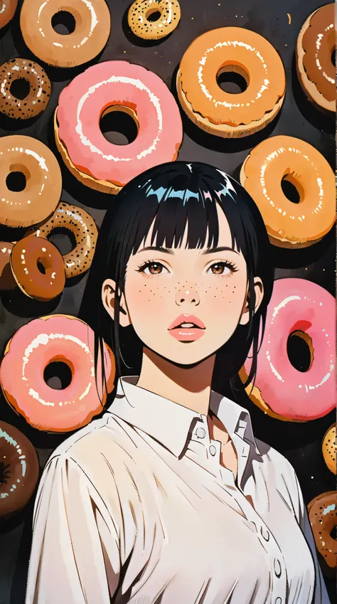 (masterpiece、 best quality: 1.2)、1 cute Japanese high school girl、 lonely、 anime style、 black hair、 bangs with lots of flowers 、 pink lips、Freckles、Thick lips、 collared shirt 、 The style of a top portrait artist  、 anatomically correct、donut background、