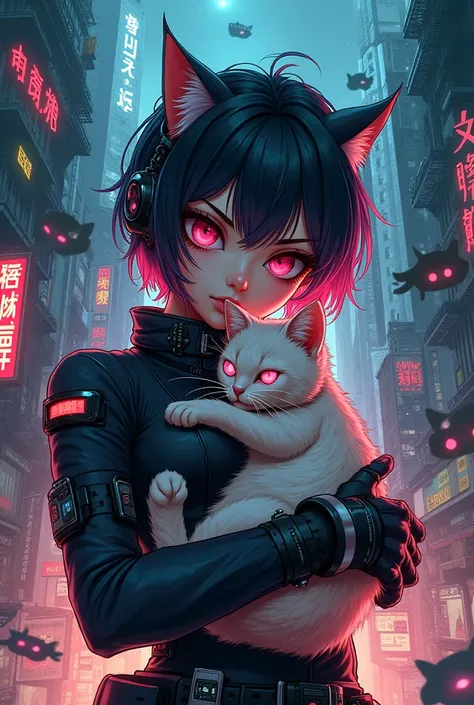 Cyberpunk anime girl holding a cat, yokai nearby, cityscape, manga, graphic novel style,