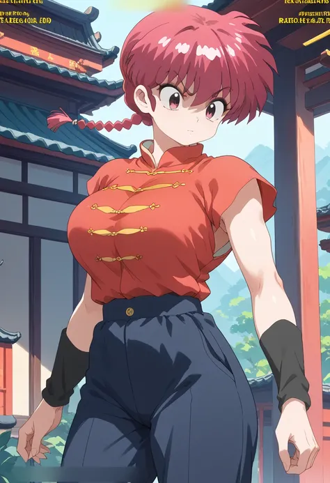 Ranma Saotome, braid, red hair, single braid, braided ponytail, red eyes,
pants, chinese clothes, Tangzhuang ,Big Breasts、