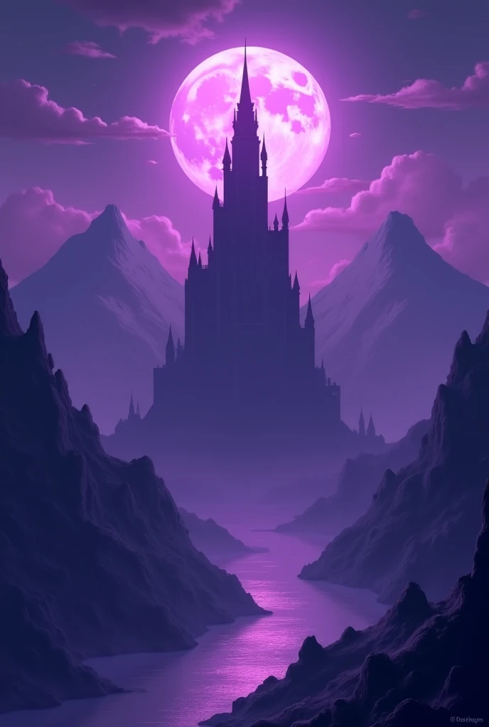 create an artwork for a card game, 550x780px. depicting a simple tower building, with mountains in the bacground during night, with a full moon. image should be mostly purple. the tower should spread purple mist that covers everything in darkness. the imag...