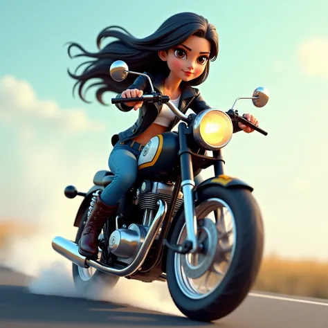 An Asian girl on a Prince Edward motorcycle with black hair, black eyes, leather jacket, jeans, and smoke under the tires,c4d,cartoon,disney,full-body.