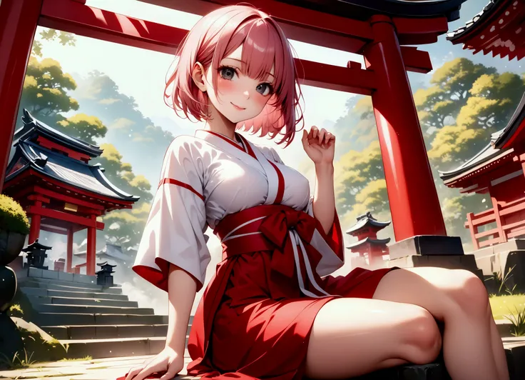 Japanese Landscape, ((Traditional Japanese shrine maiden costume, miko, break, red hakama)), ((Shiny Costumes)), (skindentation), break, skinny, alone, solo, Masterpiece, highest quality, highest quality, 16K, incredibly absurd, highly detailed, 2.5D, ai-g...