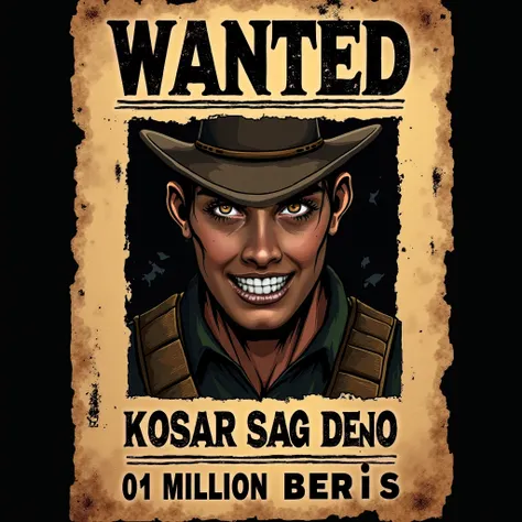 Create a wanted poster with a reward of one million beris,the name of the poster will be the kosar sag deno,angry face,high quality eyes 