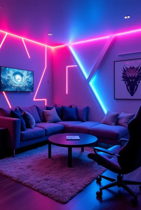 A cozy and futuristic gaming room with vibrant neon lights, purple and blue hues. The room has a modern design with stylish furniture including a plush sofa, a round coffee table, and an advanced gaming setup with ambient lighting. The walls feature geomet...