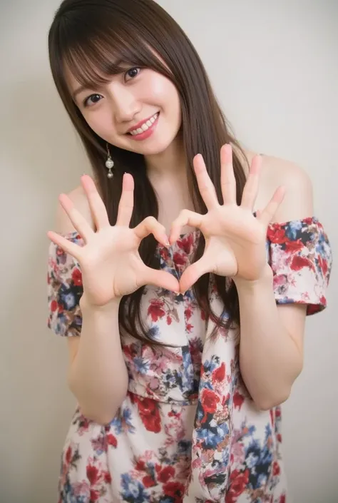 A woman with a cute smile is cute,  fluffy off shoulder pajamas,  make a big heart with both hands , Pose with your arms in front of your chest, View above the collarbone、  has a monotone background  

