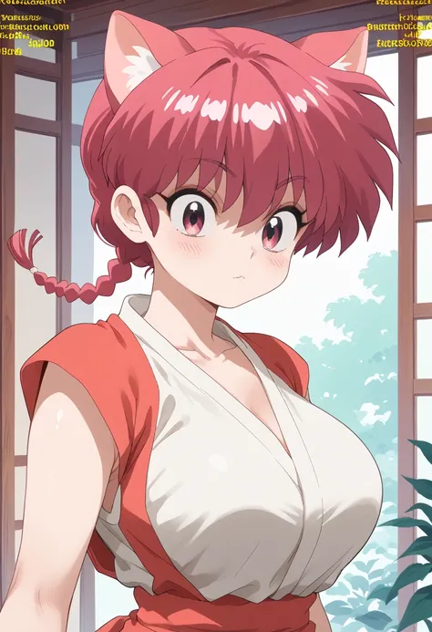 Ranma Saotome, braid, red hair, single braid, braided ponytail, red eyes,
Cat ears cosplay、Big Breasts、