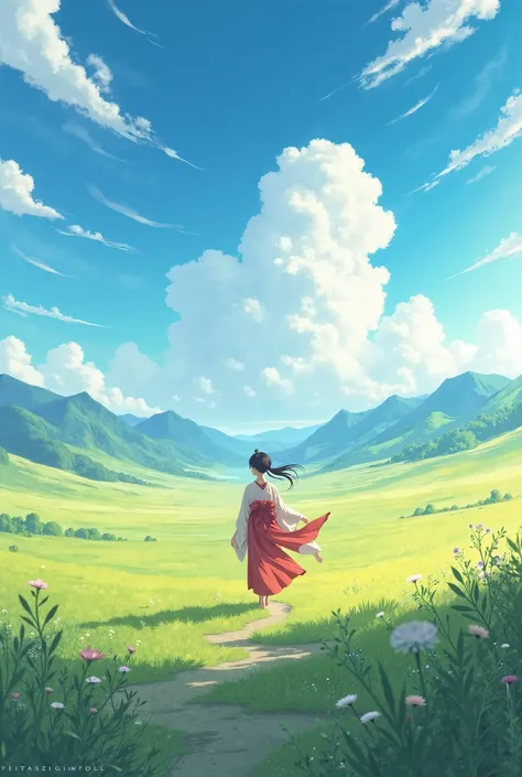  best quality、Japanese Mythology、 Fantastic、A shrine maiden walking through a large prairie、Vast Nature、 blue sky、 White Clouds 、 panorama、Looks like it was taken with a drone