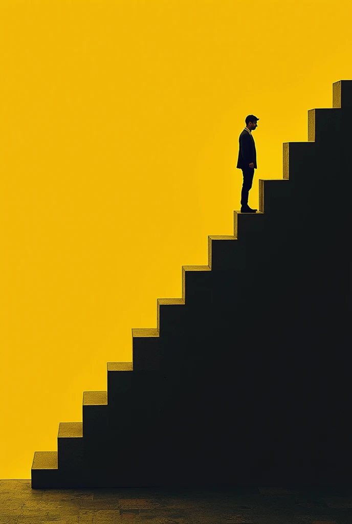 Fais moi la première page de couverture de mon ebook développement personnel. Je voudrais avoir comme couleur le noir et le jaune pour donner un coté classe. Je souhaite qui y est une image avec un escalier et un personnage qui monte cet escalier. A la fin...