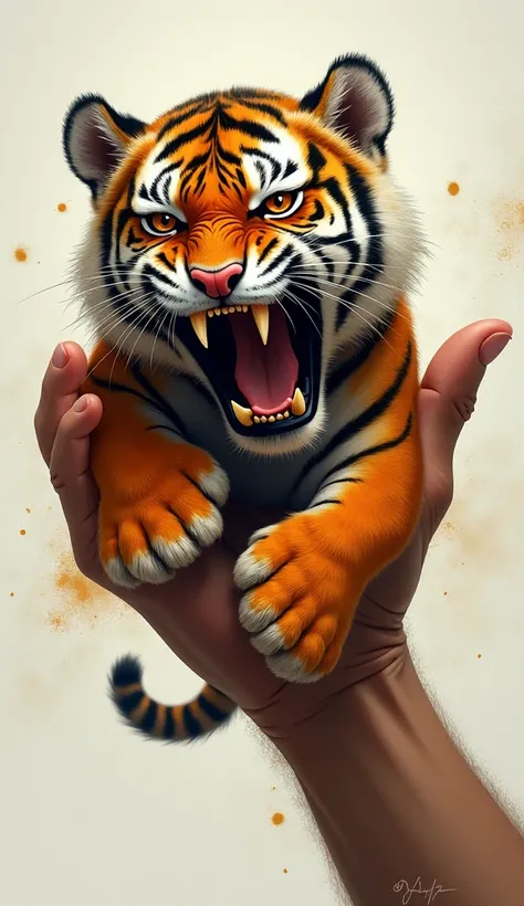 A small tiger screaming in a hand
(Illustrate a small tiger in a person’s hand, roaring or screaming.)