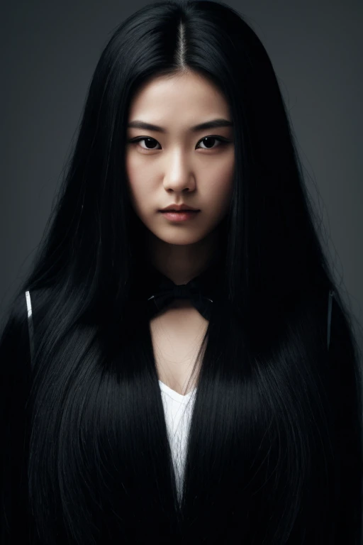     very long hair ,  jet black hair ,  long wolf hairstyle,   most extreme lion hair   ,Thick Hair,Thick Hair,heaviest hairstyle   , Shiny black hair, 1 Japanese woman , Female prison officer ,    black uniform  ,  black pants  ,  most extreme angry face ...