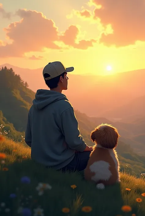 A young man in a baseball cap and hoodie sits on the hillside with a shi chu puppy by his side and watches the sunset