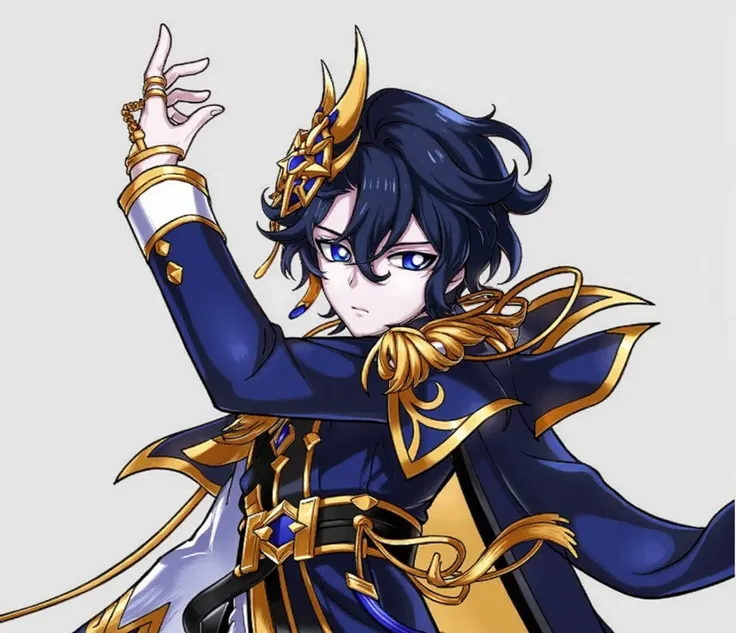 A dynamic anime portrait of a young male character, with dark navy blue and gold attire, featuring intricate patterns and details.  The character possesses stylized, expressive features, a rich color palette of deep blues, golds, and whites,  and a dramati...