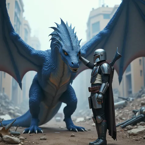 The Mandalorian petting a big Daenery’s blue dragon in the head and winggs openned at a war zone.