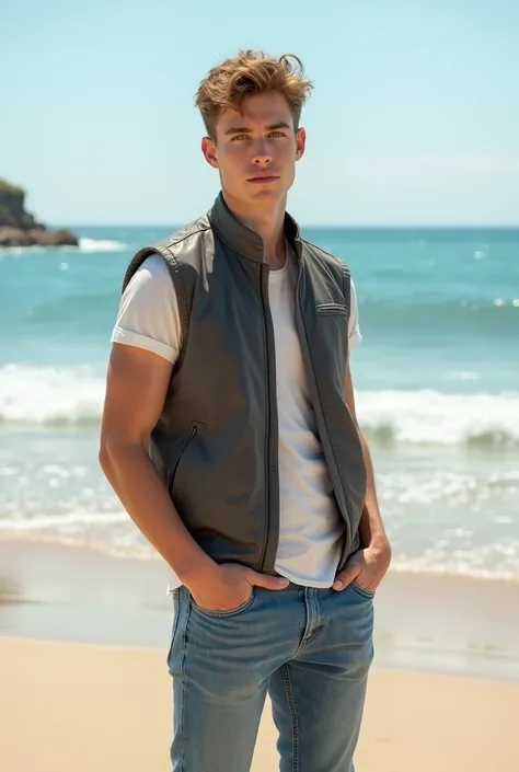 Thai  aged about 17-19 years old, white, good looking, wearing a waistcoat, jeans, standing for a photo at the beach