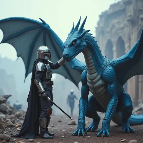 The Mandalorian petting a big Daenery’s blue dragon in the head and winggs openned at a war zone.