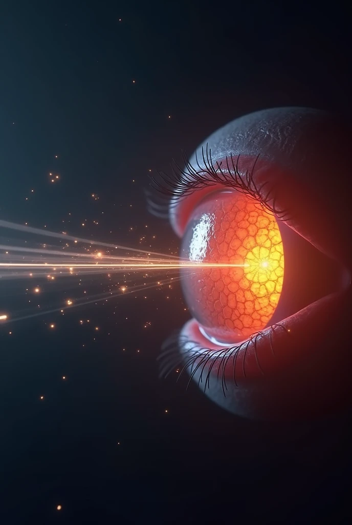 A realistic scientific visualization showing light rays traveling into a human eye, illuminating the retina, with a glowing and mystical aesthetic, set against a dark gradient background.