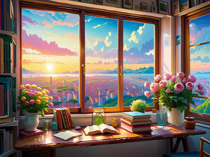 Picture of a window with a view of European cityscapes,  Private Room Background ,  Open Window、Feel the wind、Books and flowers ,  Dreamscape Art,  Makoto Shinkai,   Beautiful Artwork Illustrations,  Beautiful Digital Painting ,  Highly Detailed Digital Pa...