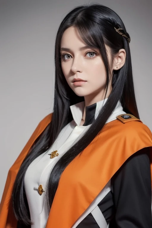 white 　girl with long black hair is wearing a military uniform, Orange Cape , Big hazel eyes, Science Fiction , Dark mood,