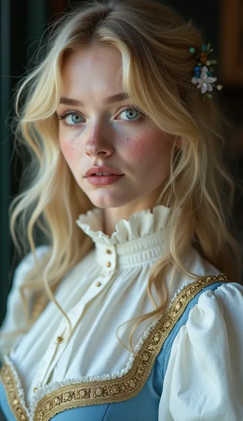 A blonde-haired woman (22 yo) with light blue eyes and freckles on her nose and cheeks,  wears a white colored victorian shirt with closed buttons and high collar and with ruffles and puff sleeves combined with an azure and golden bodice, a masterpiece, 8k...