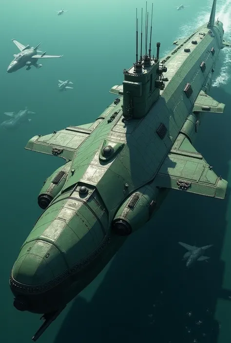 A Green and Black Turtle-designed submarine, equipped with fighter jets and ballistic missiles, and is highly durable.