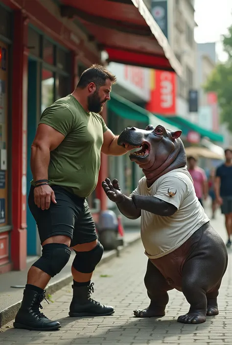 Short prompt (Wrestler punches hippo):

"The wrestler punches hippo hard outside the store. The wrestler is taut, muscular, and in a green t-shirt and black shorts, he attacks with all his might. The hippo screams in pain, his white shirt and black pants a...