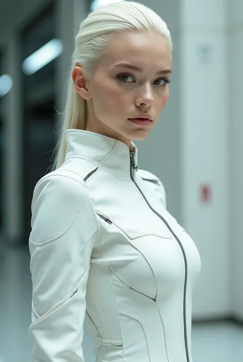 Women's white cyberpunk suit ,  very white skin,  brown eyes, big nose,  platinum blonde hair brushed backwards 