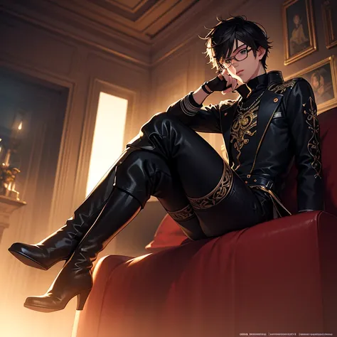 cute anime boy, male, black clothes, glasses, fingerless gloves, thigh-high boots, sitting on couch, legs crossed, highly detailed, 8k, photorealistic, dramatic lighting, cinematic, intricate details, beautiful face, sharp focus, digital art, concept art