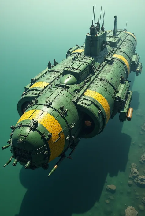 A Green and Yellow Chrocodile-designed submarine, equipped with fighter jets and ballistic missiles, and is highly durable.