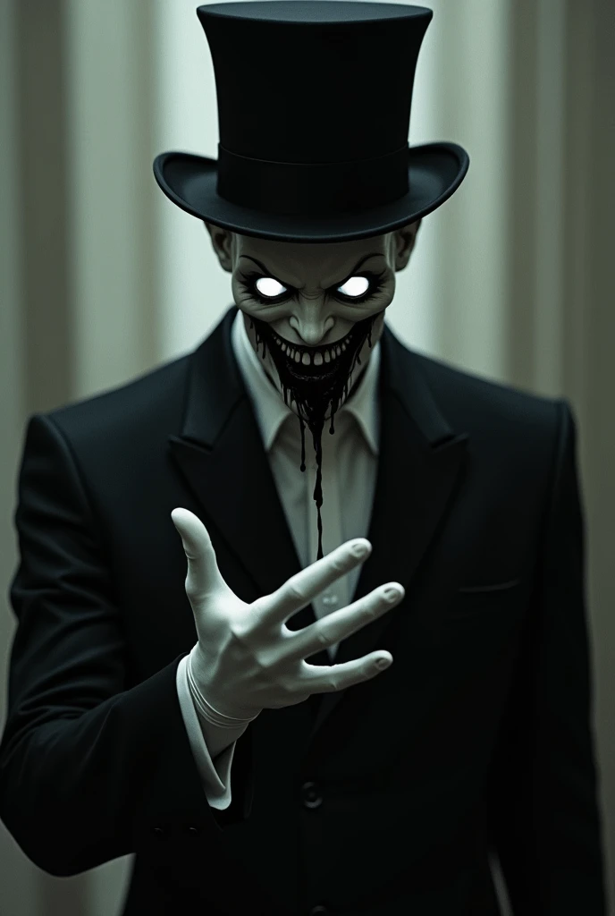 A horrifying creepypasta man wearing a black tuexedo, black top hat and white gloves. He's staring at the fourth wall camera. He's mouth is wide open. He has no pupils , bright white shining eyes and has ink instead of blood in his mouth and on his hands. ...