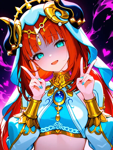 1girl,nilou\(genshin impact\),fake horns,long hair,heart, red hair,white veil,crop top,puffy long sleeves,jewelry,twintails,brooch,nail polish,low twintails,neck ring,harem outfit,blue nails,aqua eyes,detached sleeves,circlet,open mouth, midriff,parted ban...